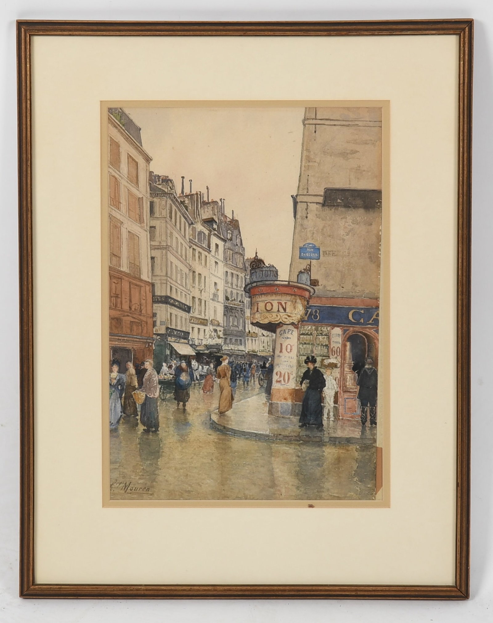 Henri Mouren (French, 1844-1926), Parisian Street Corner: Henri Mouren (French, 1844-1926), Parisian Street Corner pencil and watercolor on paper, signed lower left Dimensions: 14 3/4 in. x 9 3/4 in. (sight); 21 1/2 in. x 17 in. (fra