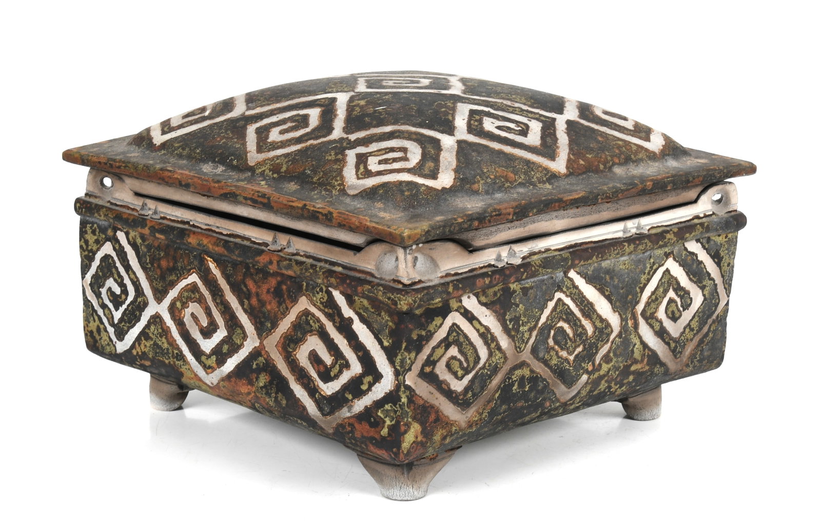A Large Raku Pottery Box by Scott Young: A Large Raku Pottery Box by Scott Young With low bracket feet, repeated geometric decoration at the exterior and colorful interior elements, signed. Dimensions: 11in