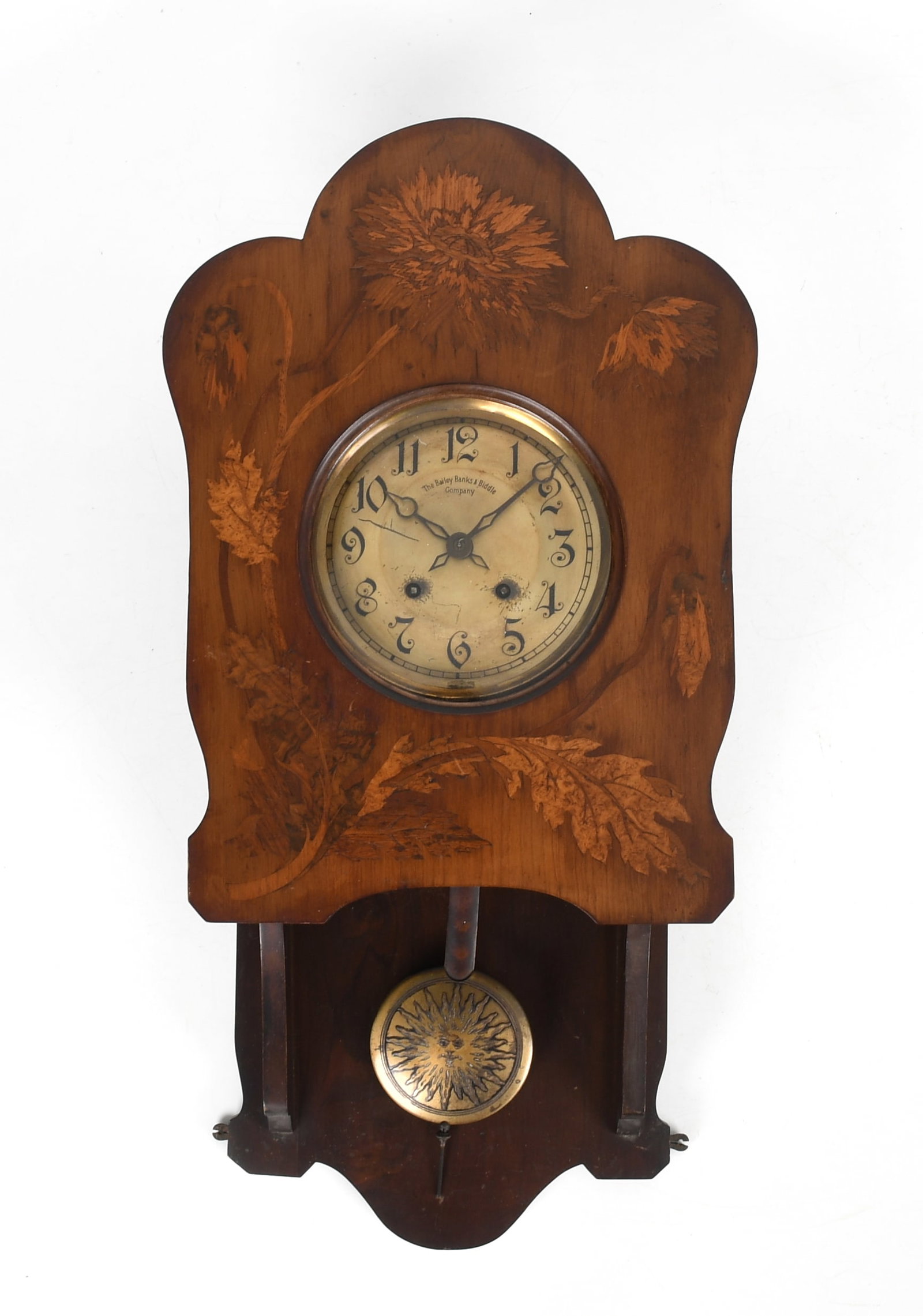 A Lorenz Furtwangler & Son Floral-Inlaid Wall Clock, Retailed by Bailey, Banks & Biddle,: A Lorenz Furtwangler & Son Floral-Inlaid Wall Clock, Retailed by Bailey, Banks & Biddle, Philadelphia, Early 20th Century The interior of case with gilt metal plaque stamped