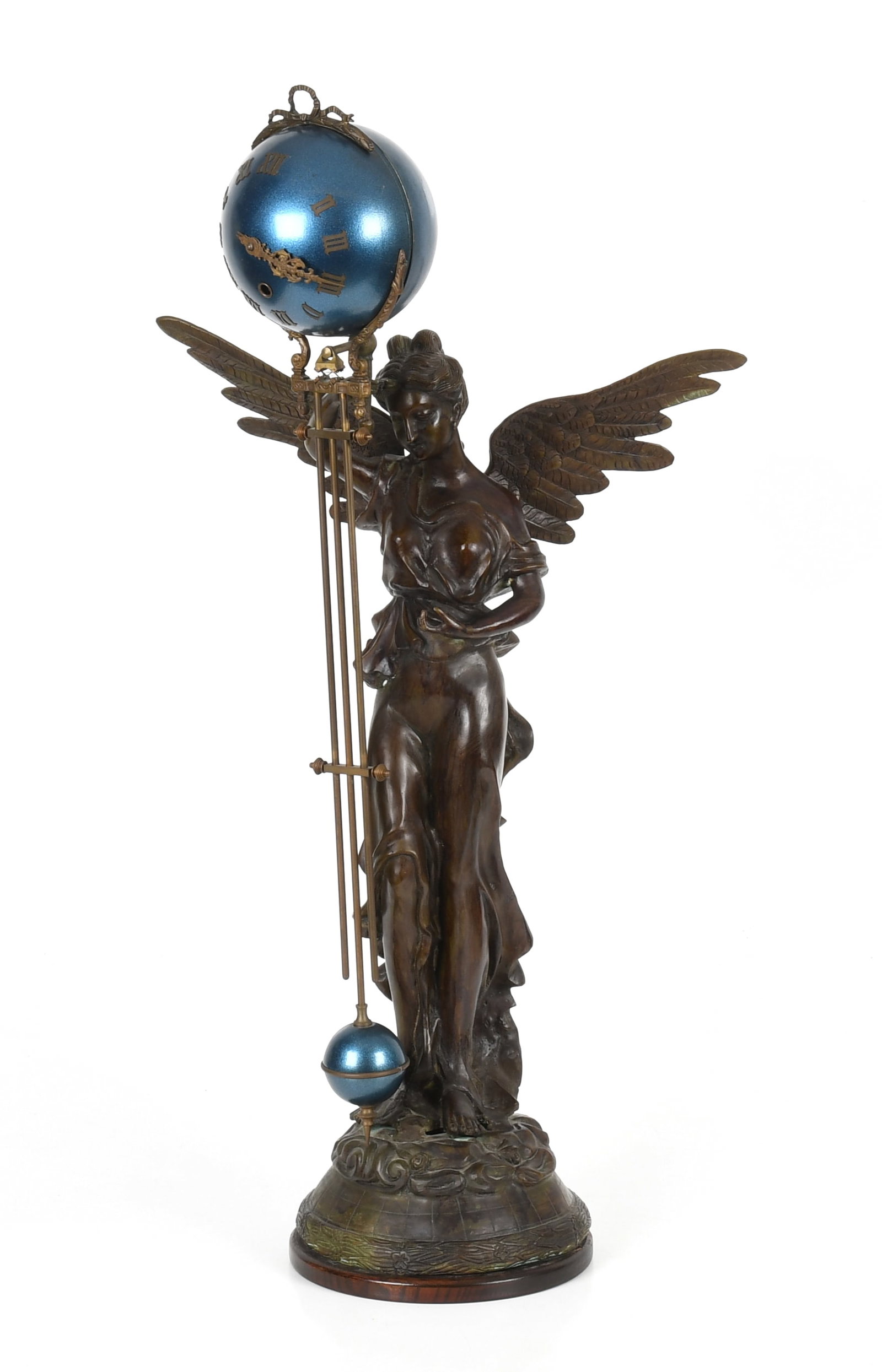 A Bronze Figural Swinger Clock: A Bronze Figural Swinger Clock Early 20th century, a bronze figure of a winged Urania suspending a swinging blue lacquered clock with roman numerals, the movement is
