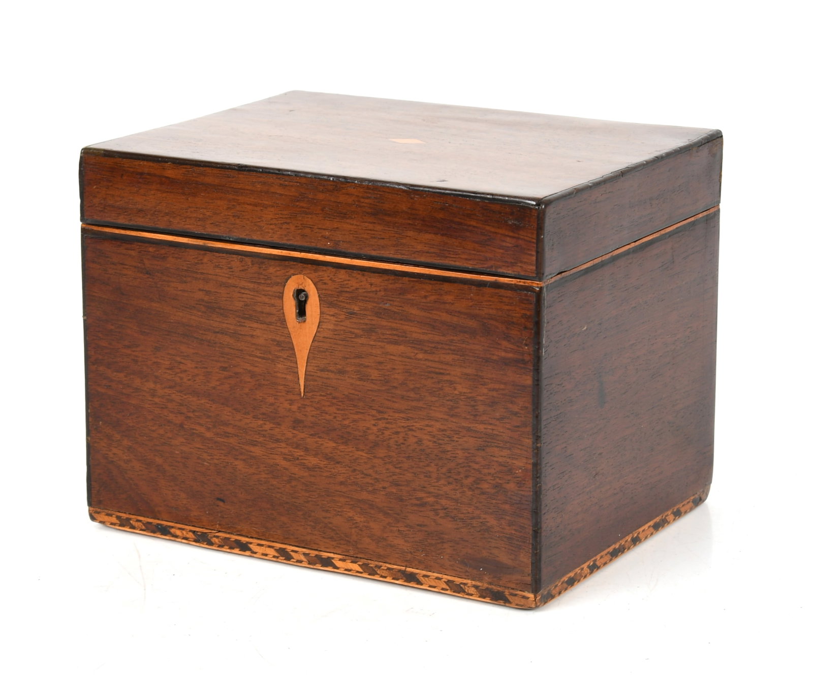 An English Mahogany Tea Caddy c. 1800: An English Mahogany Tea Caddy c. 1800 With inlaid decoration and escutcheon. Dimensions: 4 1/2in x 6in, the height is 4 1/2in. Provenance: From a Bala Cynwyd,