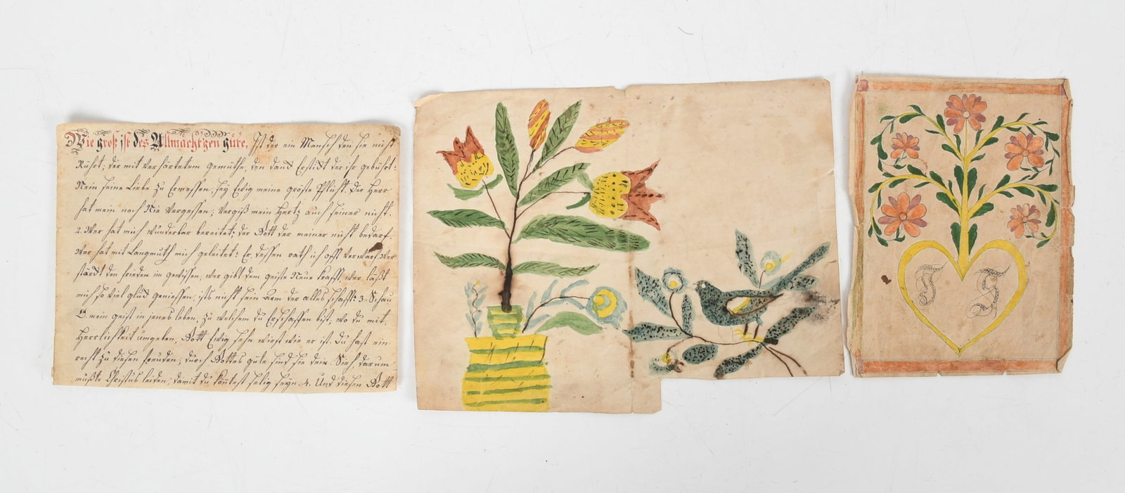 Three Southeastern Pennsylvania Fraktur: Three Southeastern Pennsylvania Fraktur Comprising: an ink and watercolor example with heart and flowers and script initials "TS" (5 1/2 in. x 4 1/4 in.); an ink and watercolor fragment depi