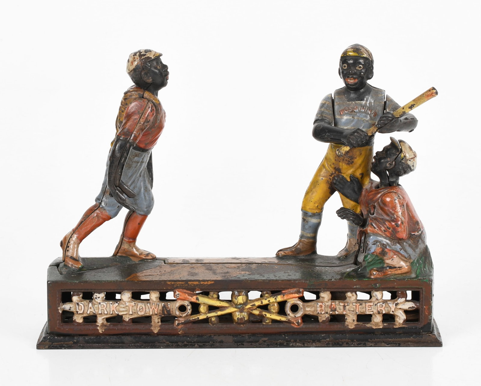 J & E Stevens Darktown Battery Cast Iron Mechanical Bank, c. 1880: J & E Stevens Darktown Battery Cast Iron Mechanical Bank, c. 1880 With pitcher, batter, and catcher above a well for coins. Dimensions: 9 3/4 in. long, 2 3/4 i