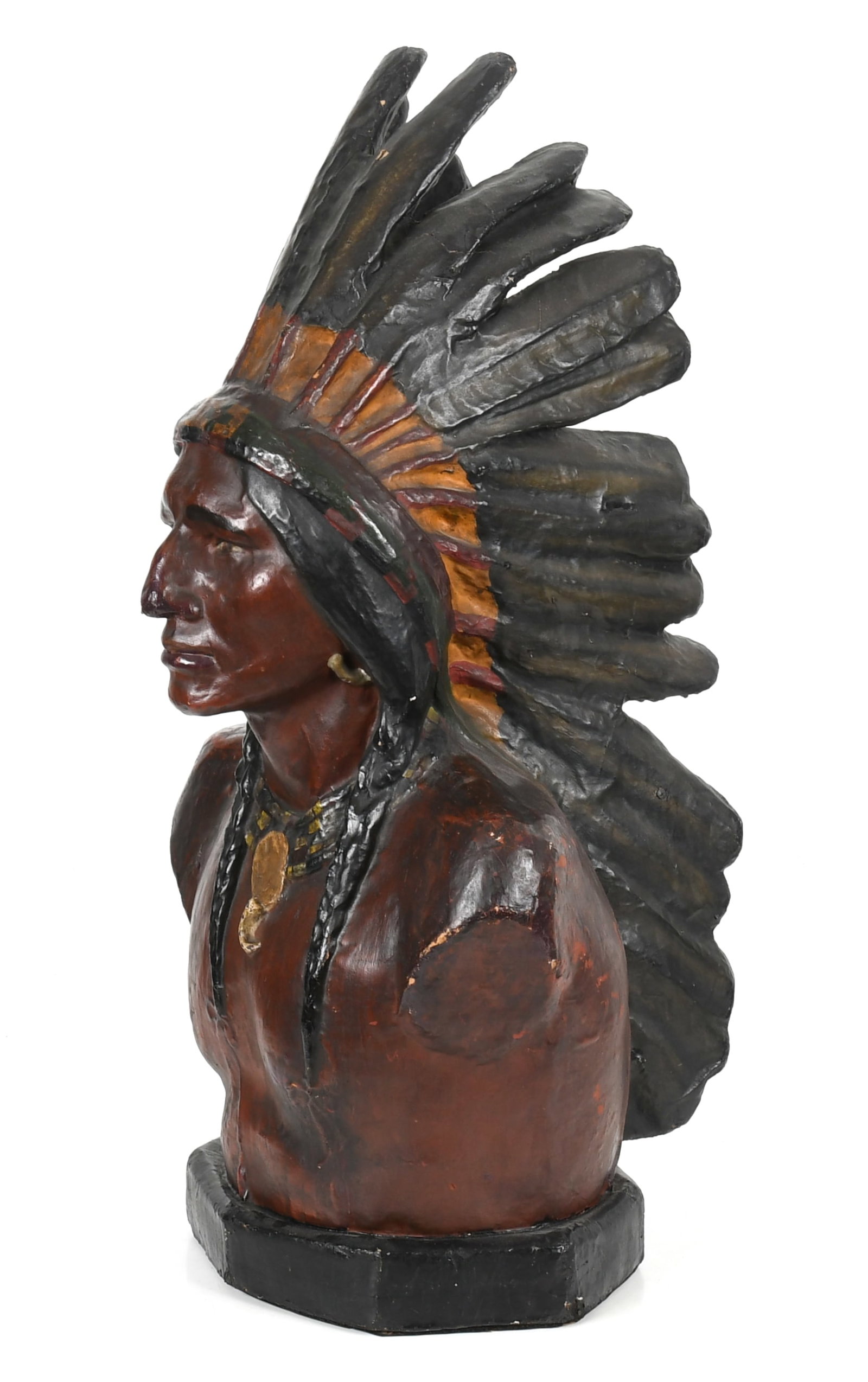 A Polychrome-Decorated Papier Mache Native American Bust, 20th Century: A Polychrome-Decorated Papier Mache Native American Bust, 20th Century Dimensions: 19 in. wide, 20 in. deep, 34 in. high Provenance: From a Bala Cynwyd, PA es