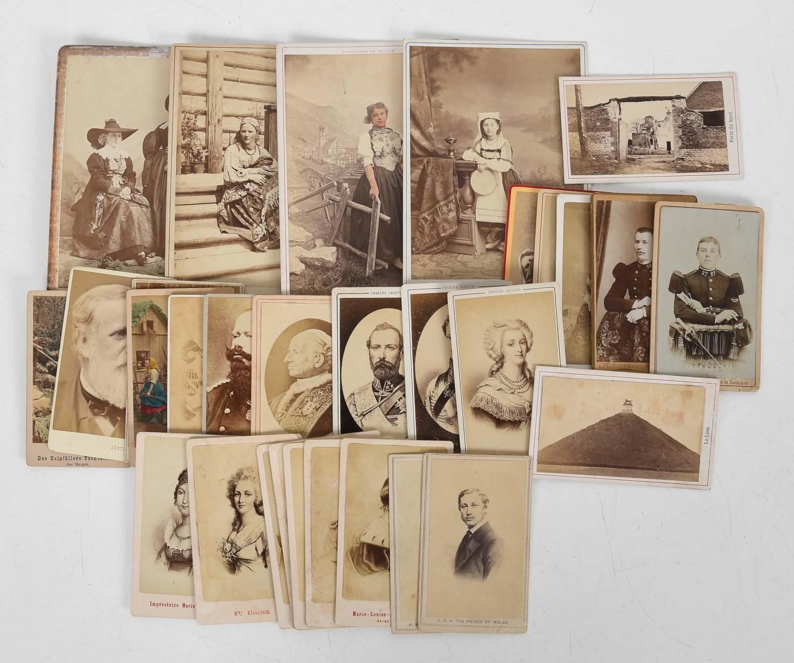A Collection of European Cabinet Cards: A Collection of European Cabinet Cards 19th albumen prints, comprising: in the 4 x 2 3/8in format: the Prince Edward and Princess Alexandra of Wales, eight cards by E. Neurdein,