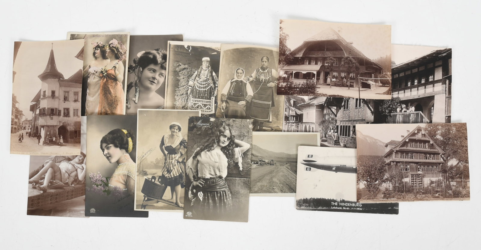 A Group of Early 20th century Post Cards: A Group of Early 20th century Post Cards Comprising: one 1936 example depicting the Hindenburg in New Jersey (not circulated), a card depicting the American West, two French cards de