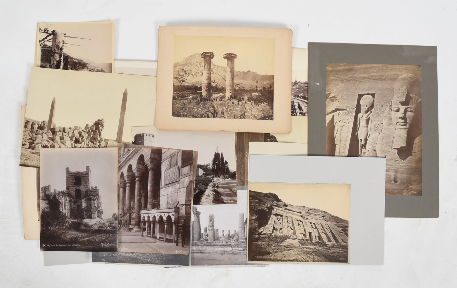 19th and Early 20th Photos, Egypt, Mediterranean Ruins, Etc.: 19th and Early 20th Photos, Egypt, Mediterranean Ruins, Etc. Twenty-one albumen prints of various sizes comprising: Photos by Jean Pascal Sebah: nine photos of Egyptian rui