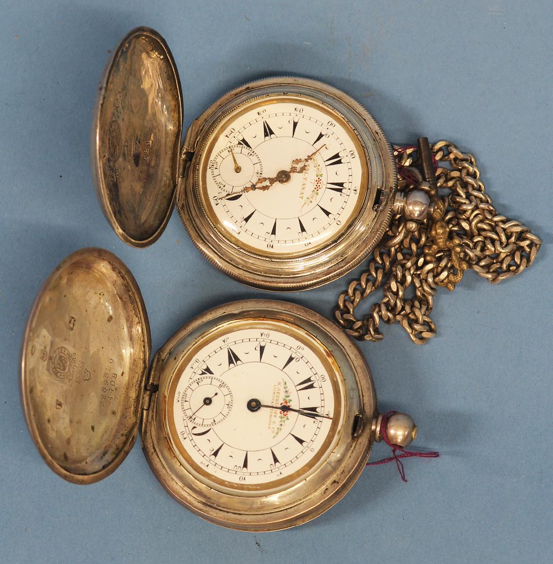 Pair of Watches for Turkish Market: .800 Silver hunter cases with coat of arms on one. Key wound multi-bridge movements. One signed Billodes, the other Saltanat. Billodes - backplate diameter about 44mm. Saltanat - backplate diameter ab