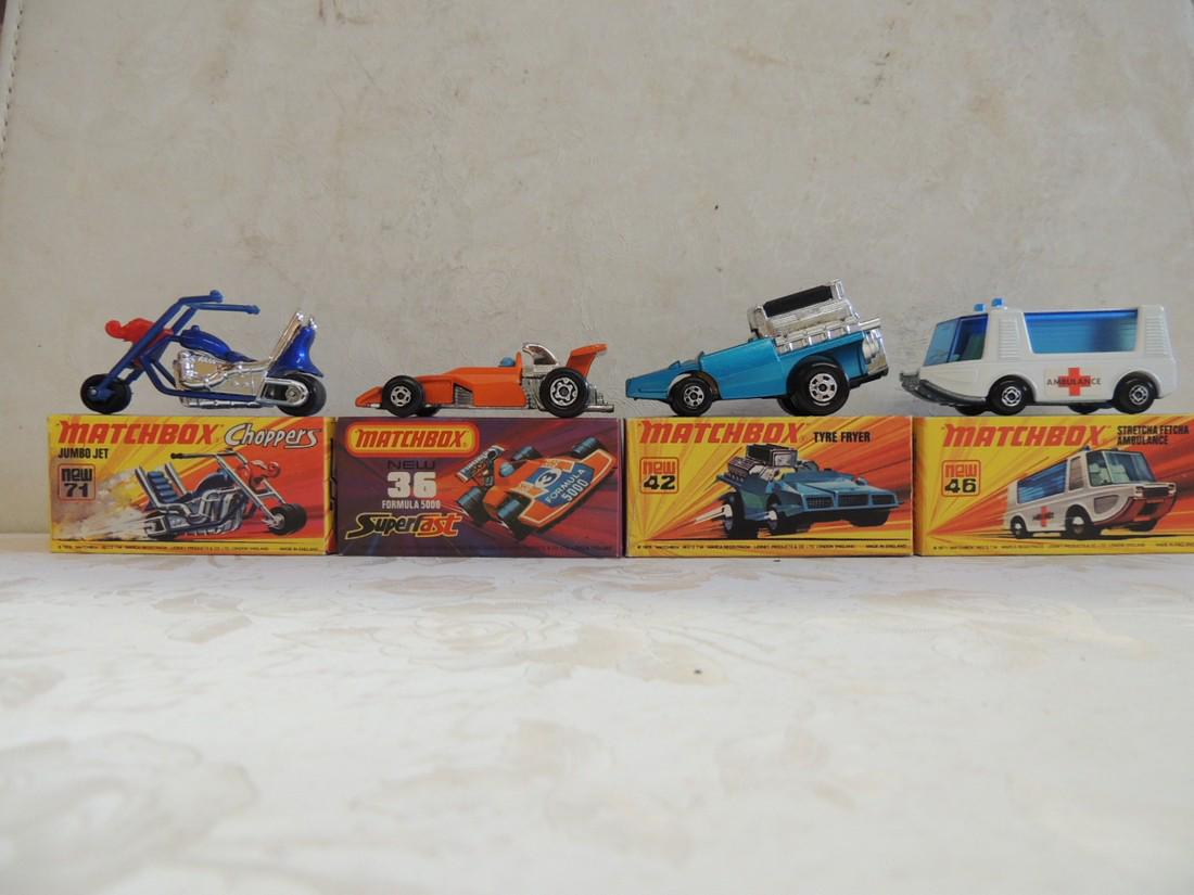 Matchbox: Lot of 4 Matchbox; No. new 71 chopper jumbo jet; No. new 42 tyre fryer; No. new 46 stretch ambulance; No. new 36 formula 5000 superfast; all in original boxes