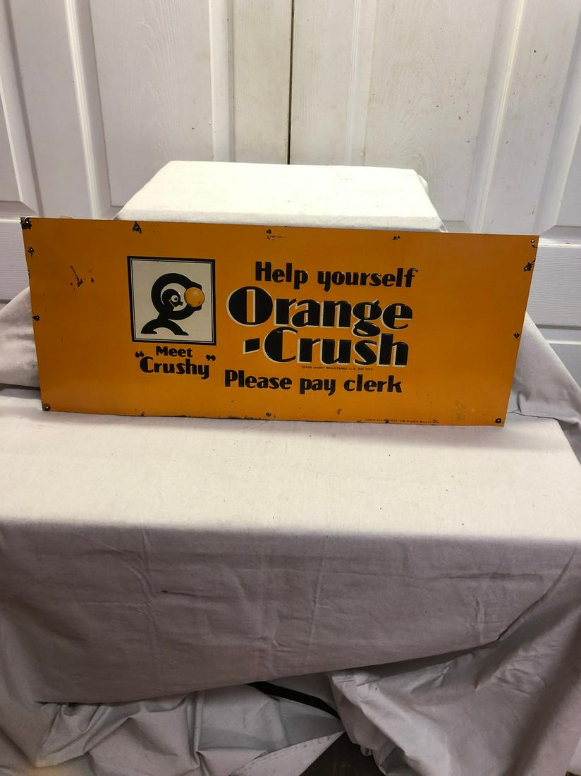 orange crush: HARD TO FIND IN THIS CONDITION; orange crush cooler sign; embossed; marked litho USA; 1-32; 29"x12"