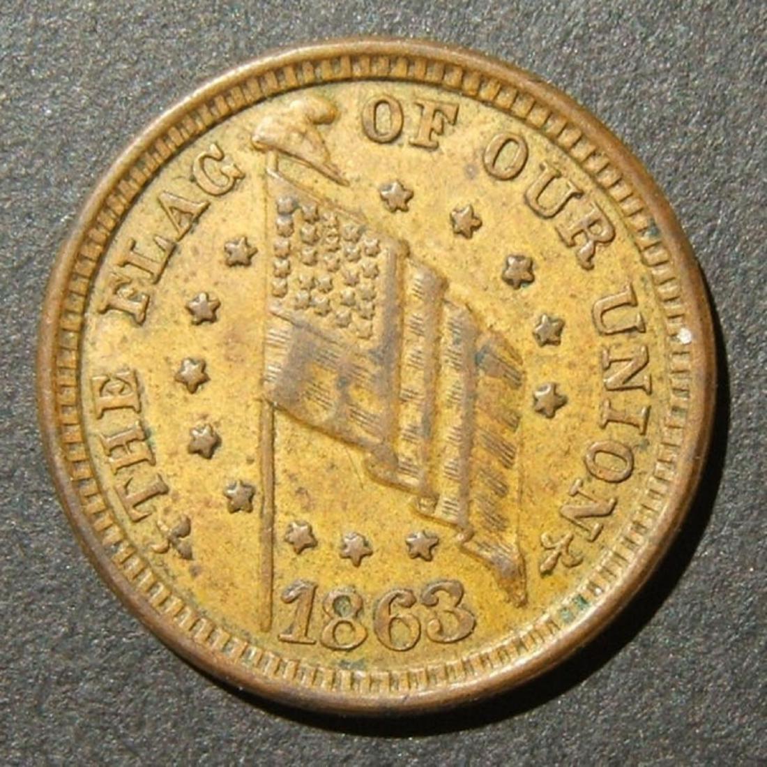 American Civil War token Flag of our Union/DIX 1864,: US Civil War token, "The Flag of Our Union" and DIX, 1864 (F-205/410A copper). EF-45, appears to have doubling on the 'E' in "Attempts" and possibly also on 'F' in "Flag". -------------------- This lo