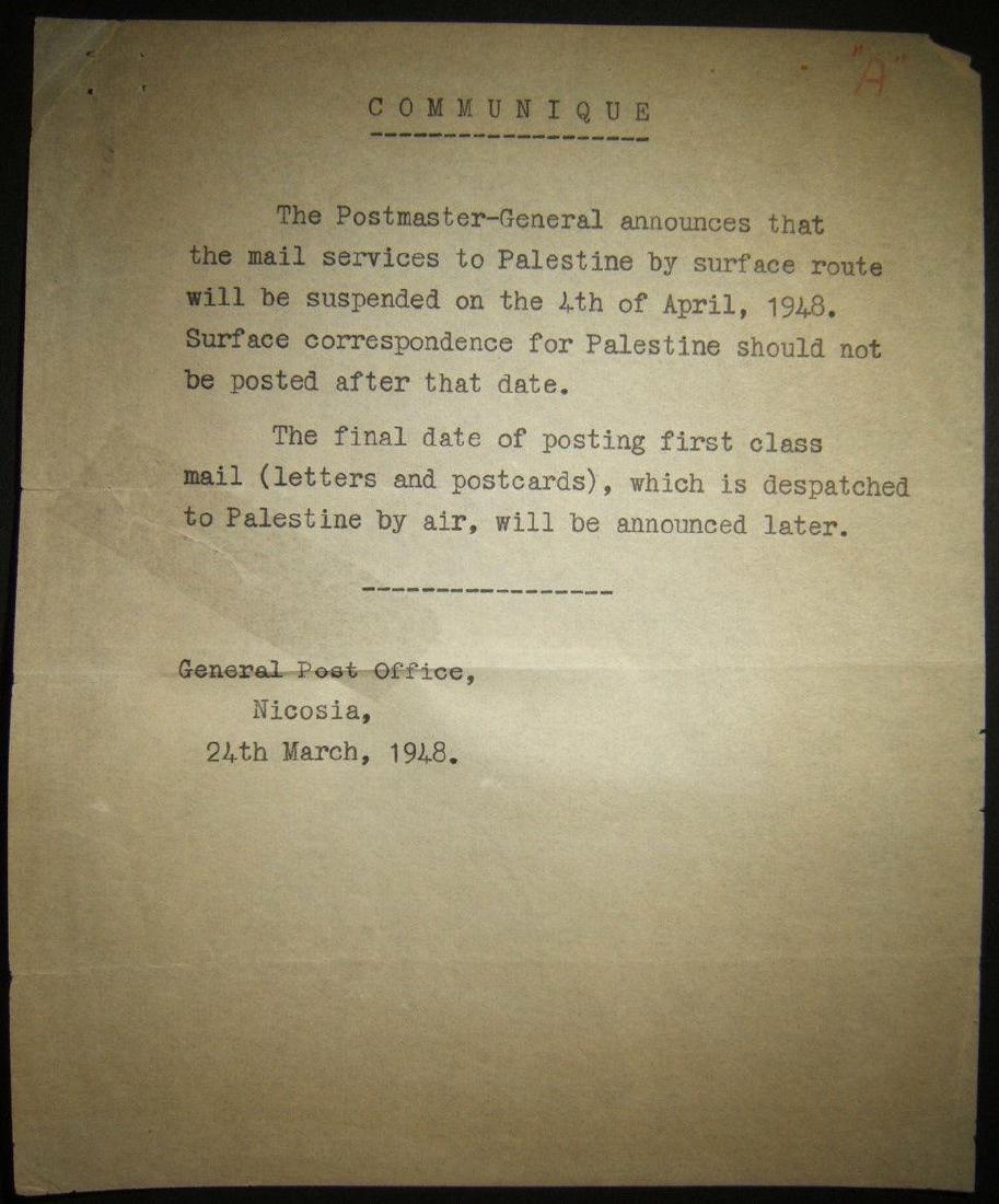 Mar 1948 Post Office notice about surface mail service: Mandate postal service wind-down - original Post Office notice: typewritten 24 March 1948 communique of the General Post Office in Nicosia stating that the Postmaster-General announces that
