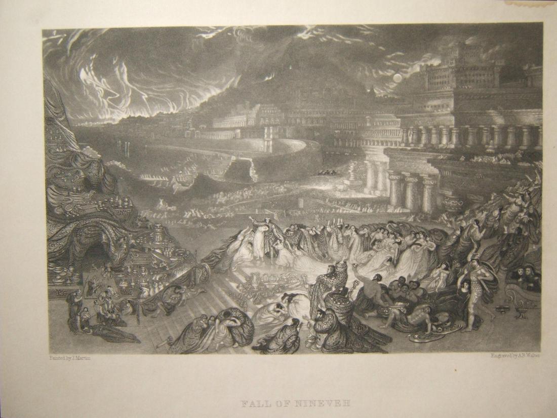 Biblical print Fall of Ninveh; J. Martin & A.B. Walter,: Biblical print "Fall of Ninveh", by J. Martin & A.B. Walter c.19th Century; image size: 21.6 x 14.2cm. Small spill mark on top-right edge. Product Tags: Holylandish Artwork/Prints, Maps, Prints & Artw