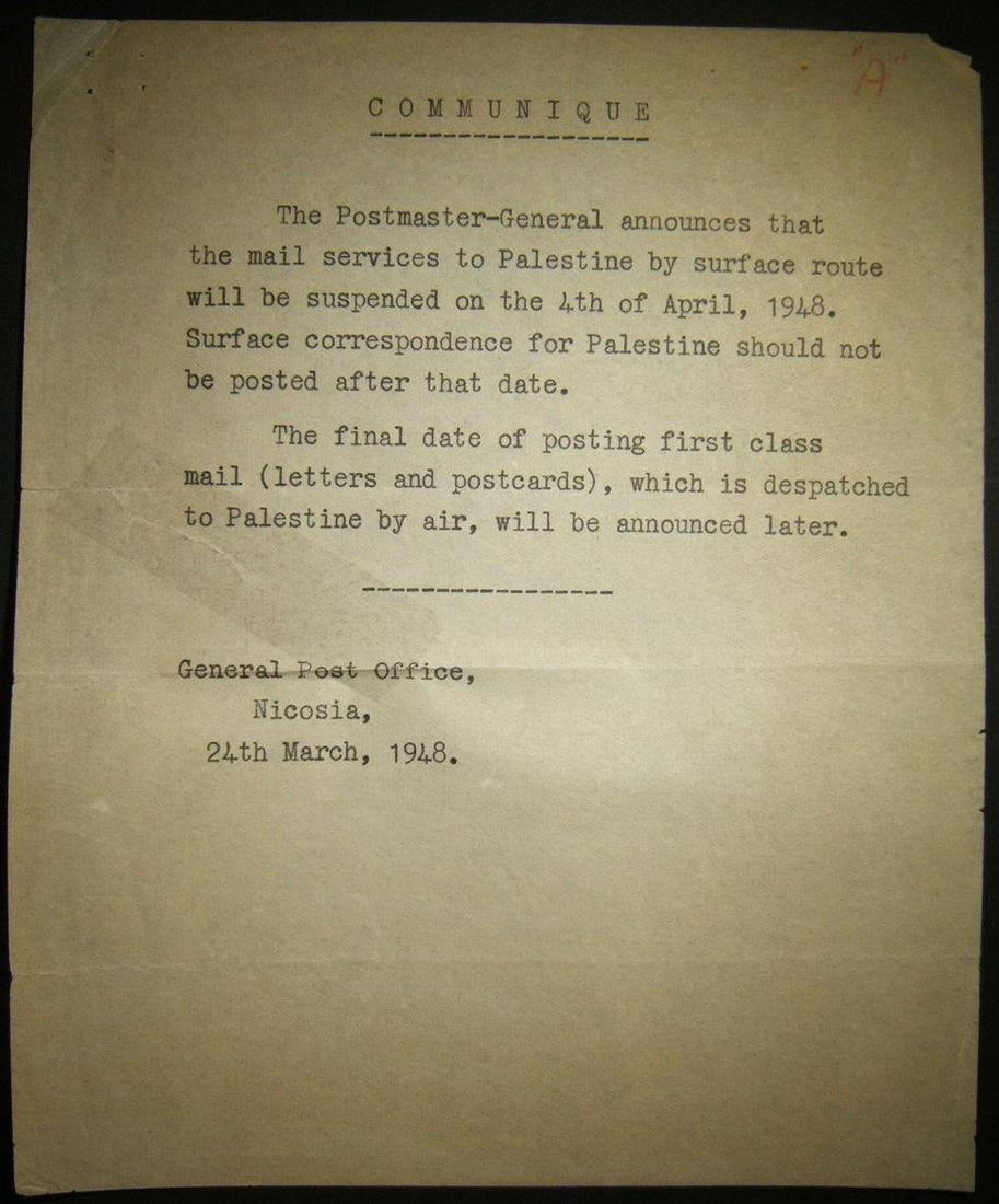 Mar 1948 Post Office notice about surface mail service: Mandate postal service wind-down - original Post Office notice: typewritten 24 March 1948 communique of the General Post Office in Nicosia stating that the Postmaster-General announces that