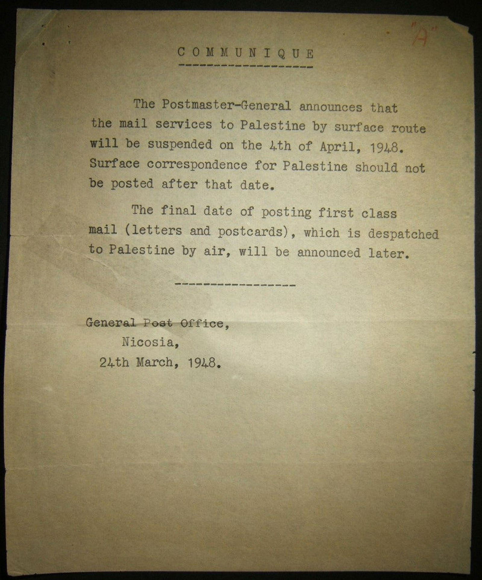 Mar 1948 Post Office notice about surface mail service: Mandate postal service wind-down - original Post Office notice: typewritten 24 March 1948 communique of the General Post Office in Nicosia stating that the Postmaster-General announces that