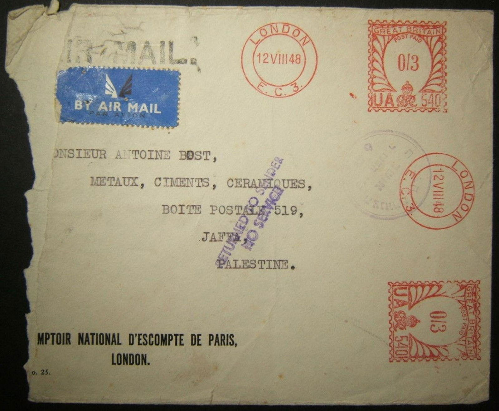 1948 British am to milit zone JAFFA refused service by: 1948 Israeli "no service" marks on mail TO ISRAEL: 12 VIII 1948 air mail commercial cover on business stationary from LONDON to business at post office box in JAFFA ("Palestine"), meter franked 6d;