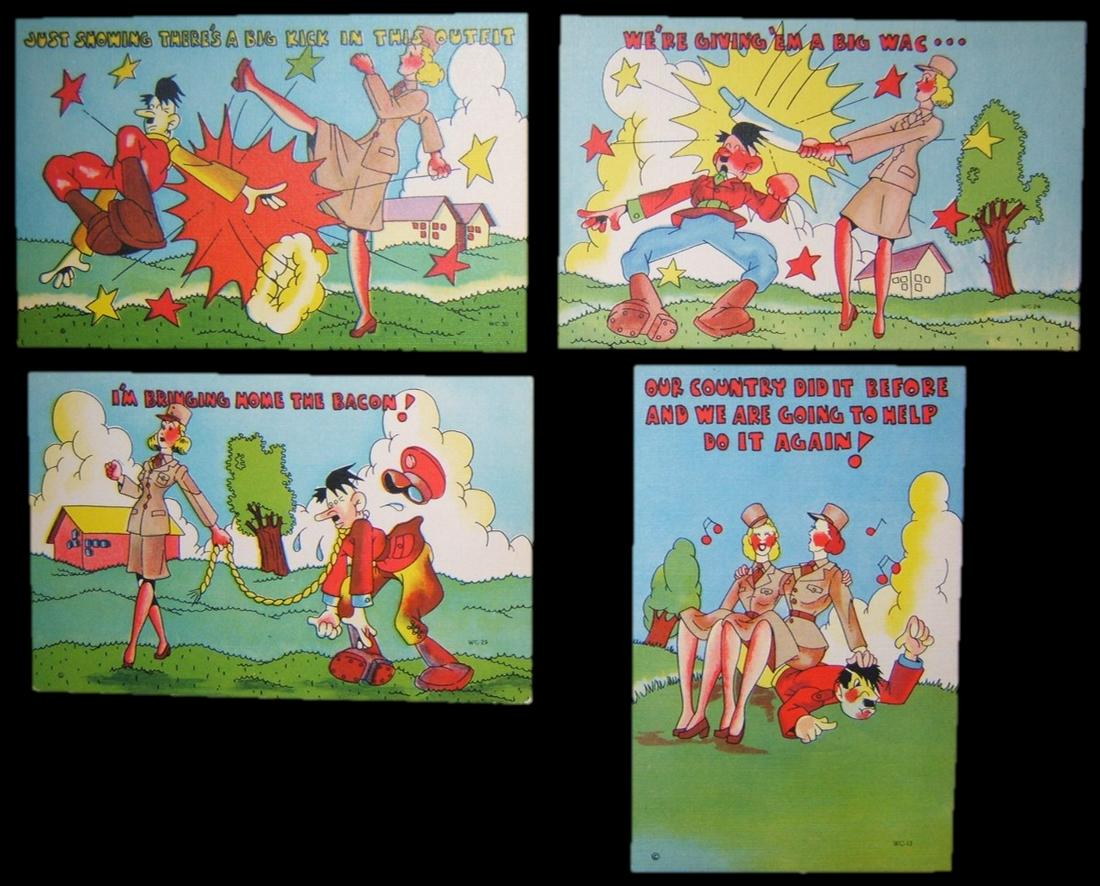 Lot 4x mint WWII anti Hitler US Women's Army Corps WAC: WWII anti-Hitler propaganda: lot of 4x color illustrated picture postcards of the US Women's Army Corps (WAC), featuring members of the force beating Hitler in comic-slapstick style, with slogans; pub