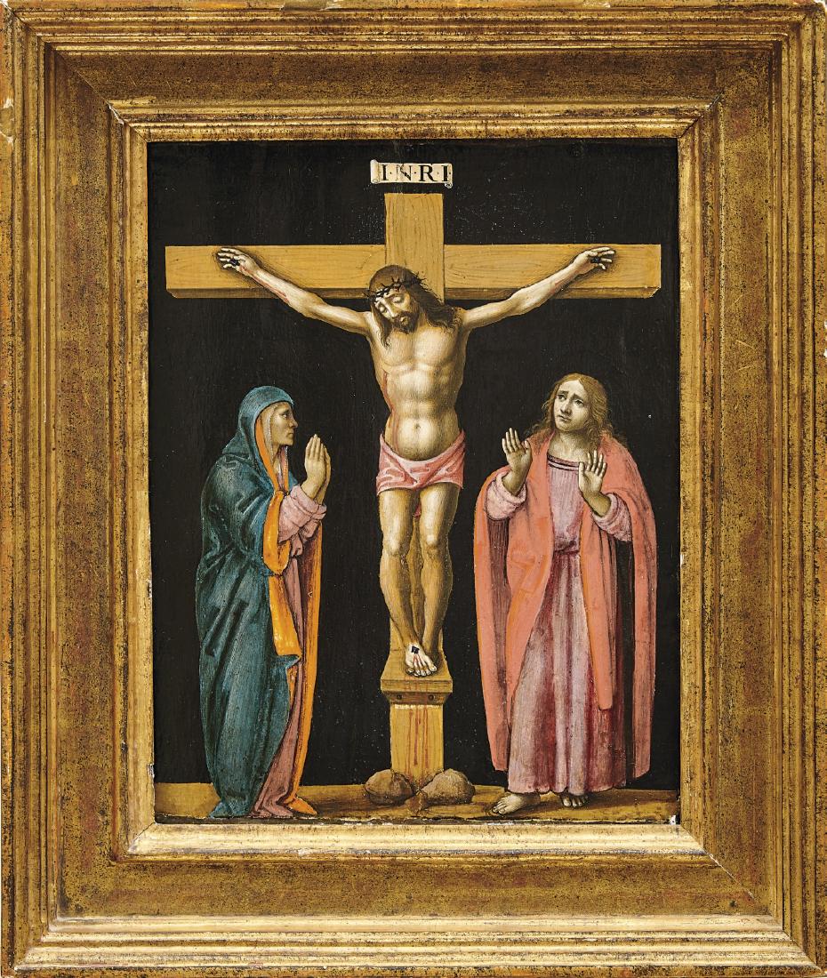 Venusti, Marcello - Kreis des—Christus am Kreuz: Circle of Marcello Venusti—Crucifixion with the Virgin Mary and St. John mourning Italian master, probably of the 16th century. Oil on cradled panel. 29.5 x 22.5 cm.
