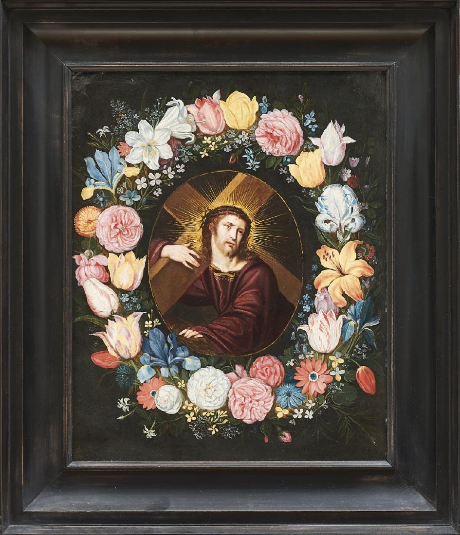 Brueghel, Jan d. J. und Nachfolger des Frans: Jan Brueghel the Younger and successor of Frans Francken—Christ, carrying the Cross, in a Flower Garland (Antwerp 1601-1678 ibid.) Oil on copper. 44 x 35.5 cm. - Expertise Dr. Klaus Ertz from the ye