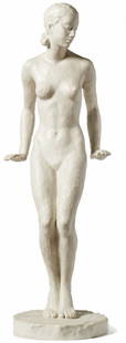 Klimsch, Fritz â€” "Tanzende": Klimsch, Fritz â€” ''Dancer'' (Frankfurt a. M. 1870-1960 Saig) Design 1935, execution Rosenthal, Selb. Figurine of a nude girl standing on a round pedestal. Biscuit porcelain. Green stamp on the