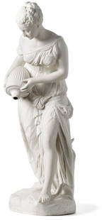 Figur einer Quellnymphe â€” Italien, wohl Mailand, 19.: Water Nymph / â€” Italy, probably Milan, 19th century / Young woman standing on a round pedestal in a long garment with a shell diadem in her hair, emptying an amphora. Biscuit porcelain.