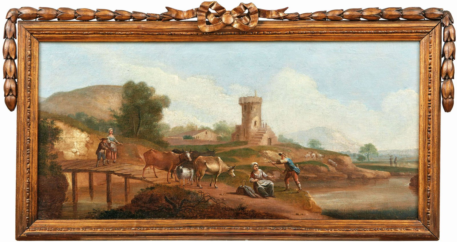 Supraporte mit Pastorale â€” Kreis des Ferdinand: Supraporte with Pastoral â€” Circle of Ferdinand Kobell, 18th century Shepherds with their animals grazing on the banks of a river in an idyllic landscape with ruins. Oil on relinded canvas. 61 x