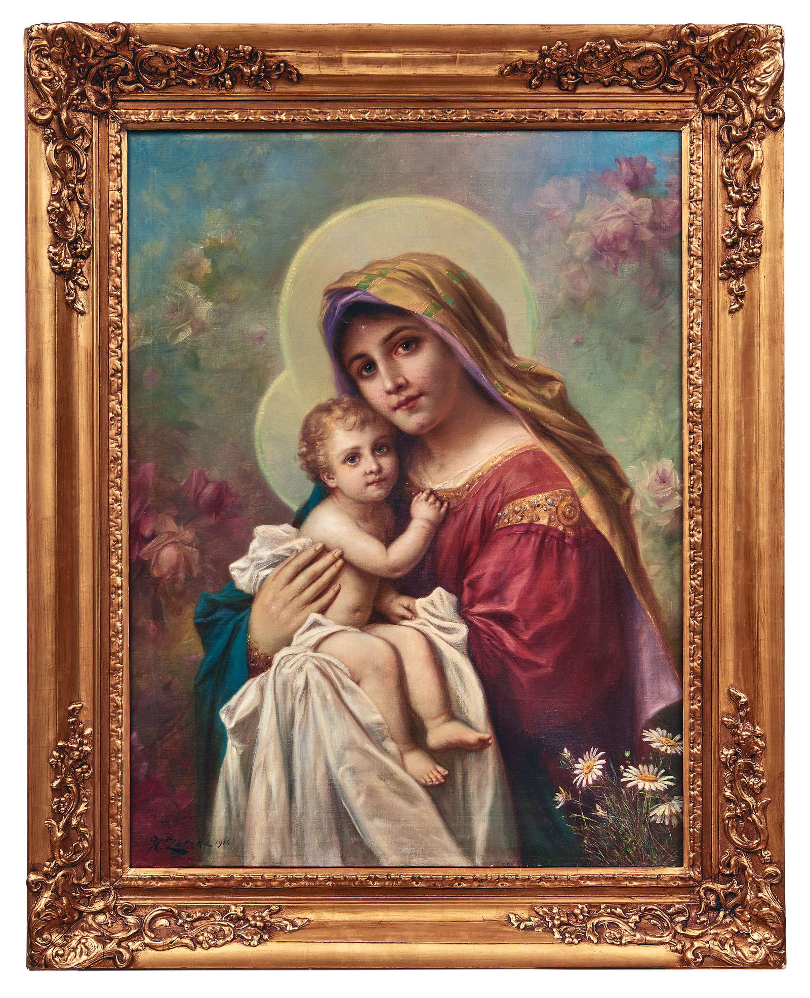 Zatzka, Hans: Madonna mit Kind: Zatzka, Hans : Madonna with Child (Vienna 1859-1945 ibid.) Mary with the Boy Jesus on her lap, surrounded by roses and daisies. Oil on canvas. Signed and dated lower left ''1916''. 82.5 x 66 cm. - Scr