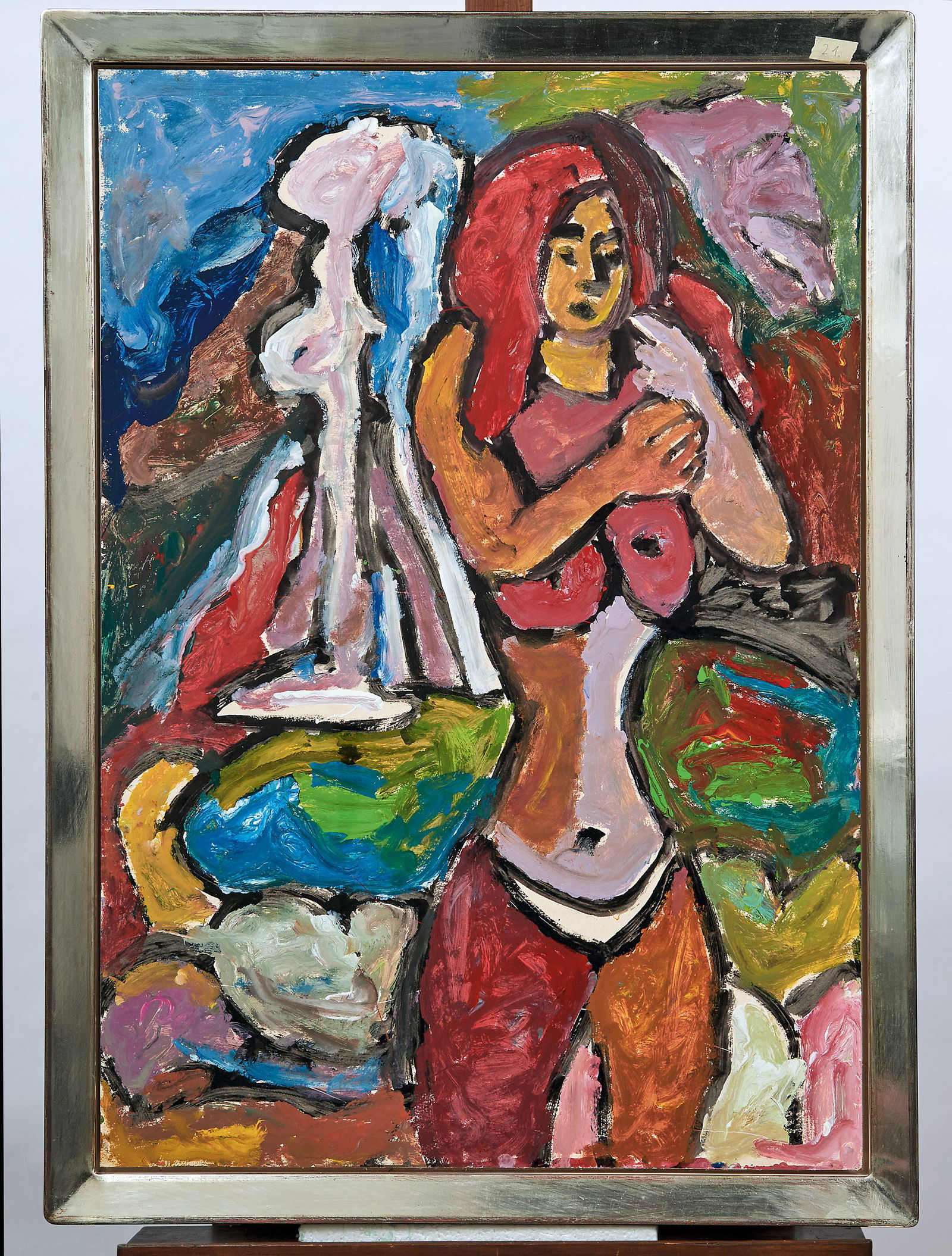 Nemeth, Miklos: Badende an einem See: Nemeth, Miklos : Swimmer at a lake (Born in Budapest 1934) Acrylic on cardboard. Lower left signed. 94.5 x 65 cm. / Nemeth, Miklos Badende an einem See (Budapest 1934 geb.) Acryl/Karton. Links unten s