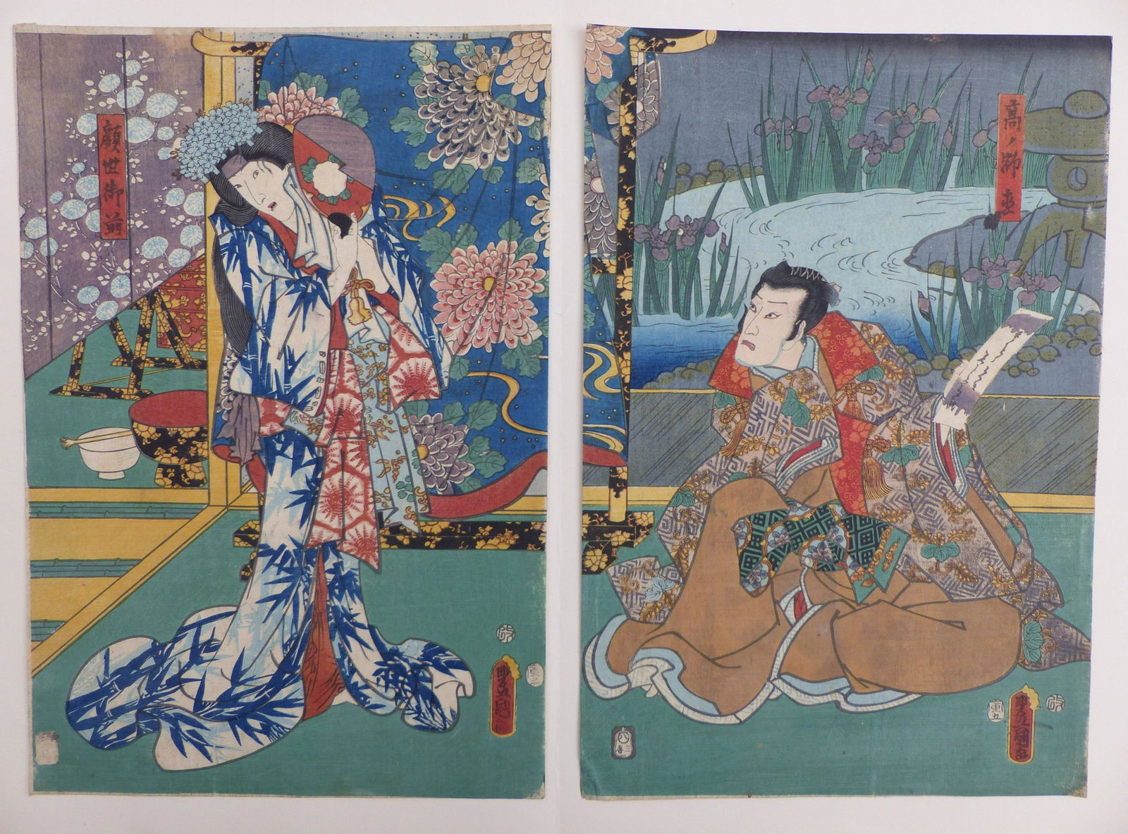 Utagawa Kunisada (Toyokuni III.): Diptychon mit: Utagawa Kunisada (Toyokuni III) â€” Diptych with Kabuki scene (Katsushika 1786-1865 Edo) Woodblock print, 1854. signature ''Toyokuni ga'' in red Toshidama cartouche, censorship stamp aratame-in w