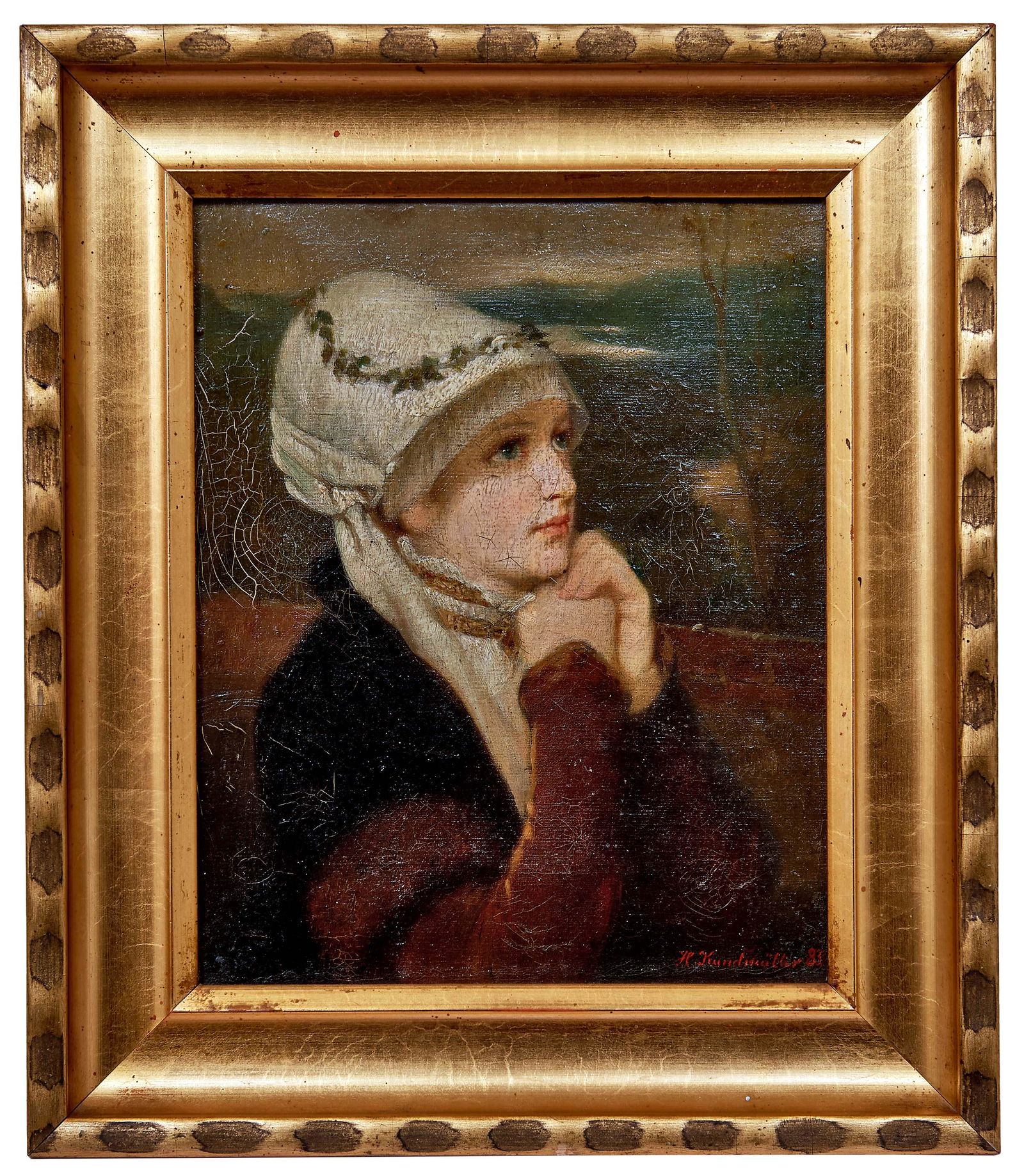 Kundmueller, Hans: Betendes Maedchen: Kundmueller, Hans : Praying girl (Bamberg 1837-1893 ibid.) Oil on canvas. Signed and dated lower right ''(18)83''. 32 x 26 cm. - Craquelures. - Lit. Thieme/Becker 22. // Kundmueller, Hans Betendes Mae