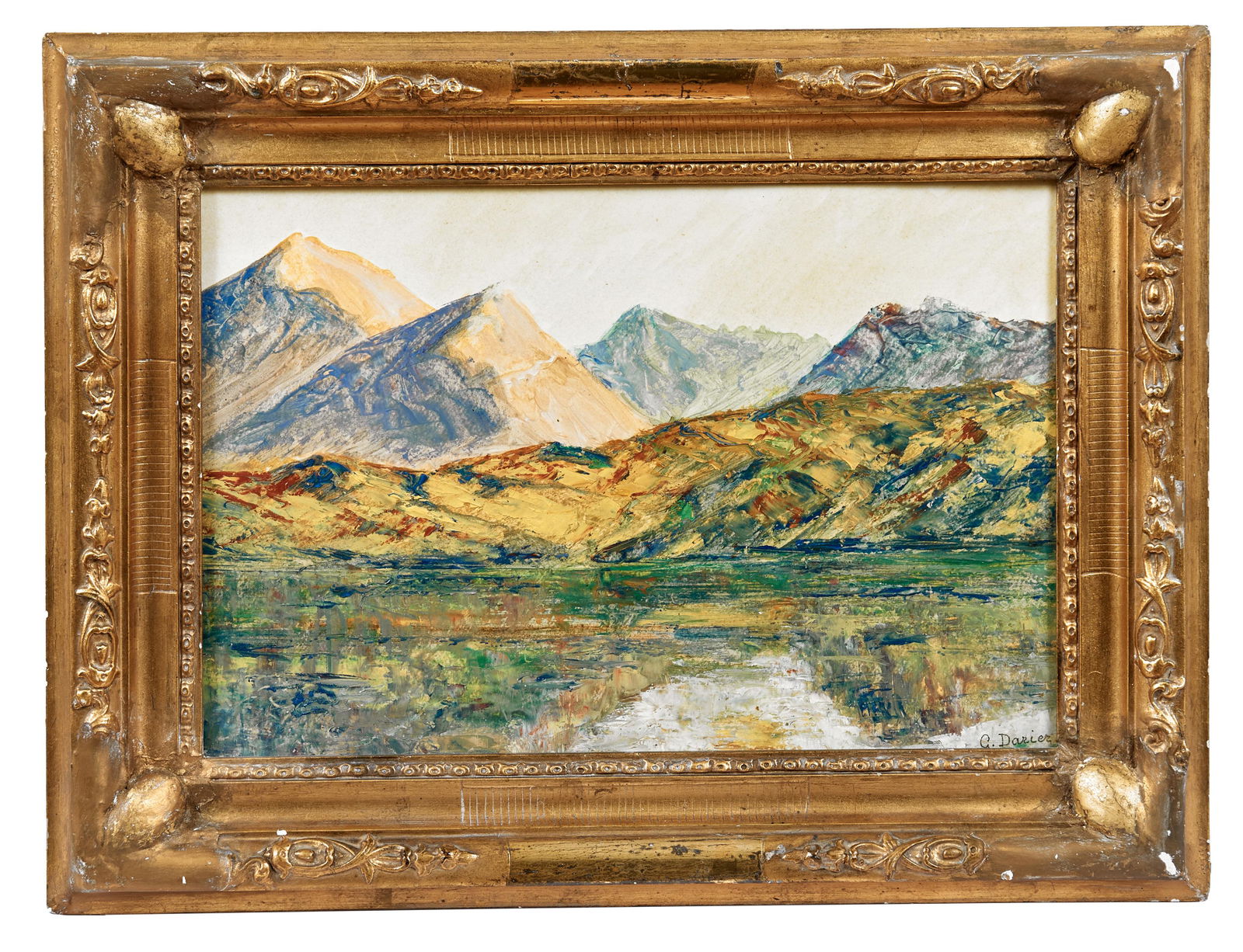 Darier, G.: See in den Bergen: Darier, G. : Lake in the Mountains (Probably artists of the early 20th century from the Swiss painter family Darier). Oil on Paper. Signed lower right. 25 x 36 cm. // Darier, G. See in den Bergen (Woh