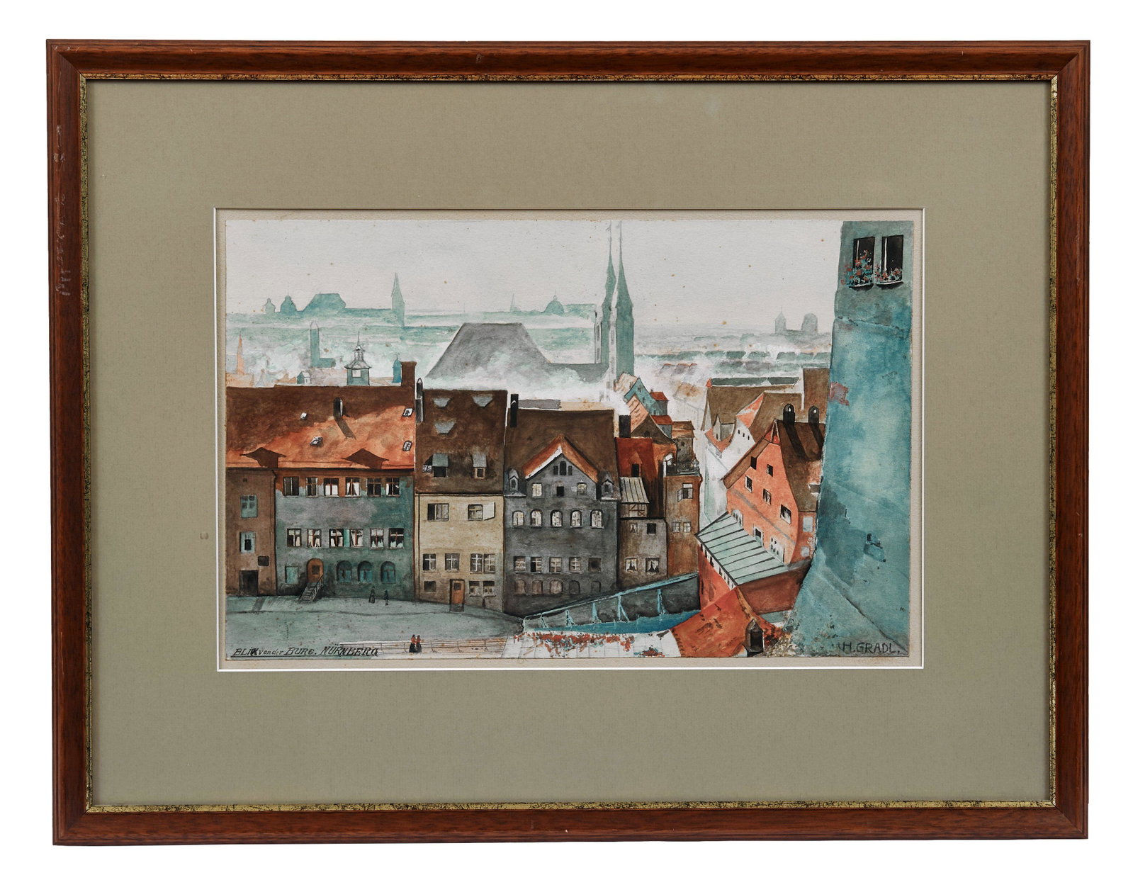 Gradl, Hermann: Blick von der Burg ueber die Altstadt: Gradl, Hermann : View from the castle over the old town of Nuernberg (Marktheidenfeld 1883-1964 Nuremberg) Watercolour on paper. Titled at lower left, signed at lower right. 22,5 x 35 cm; framd under 