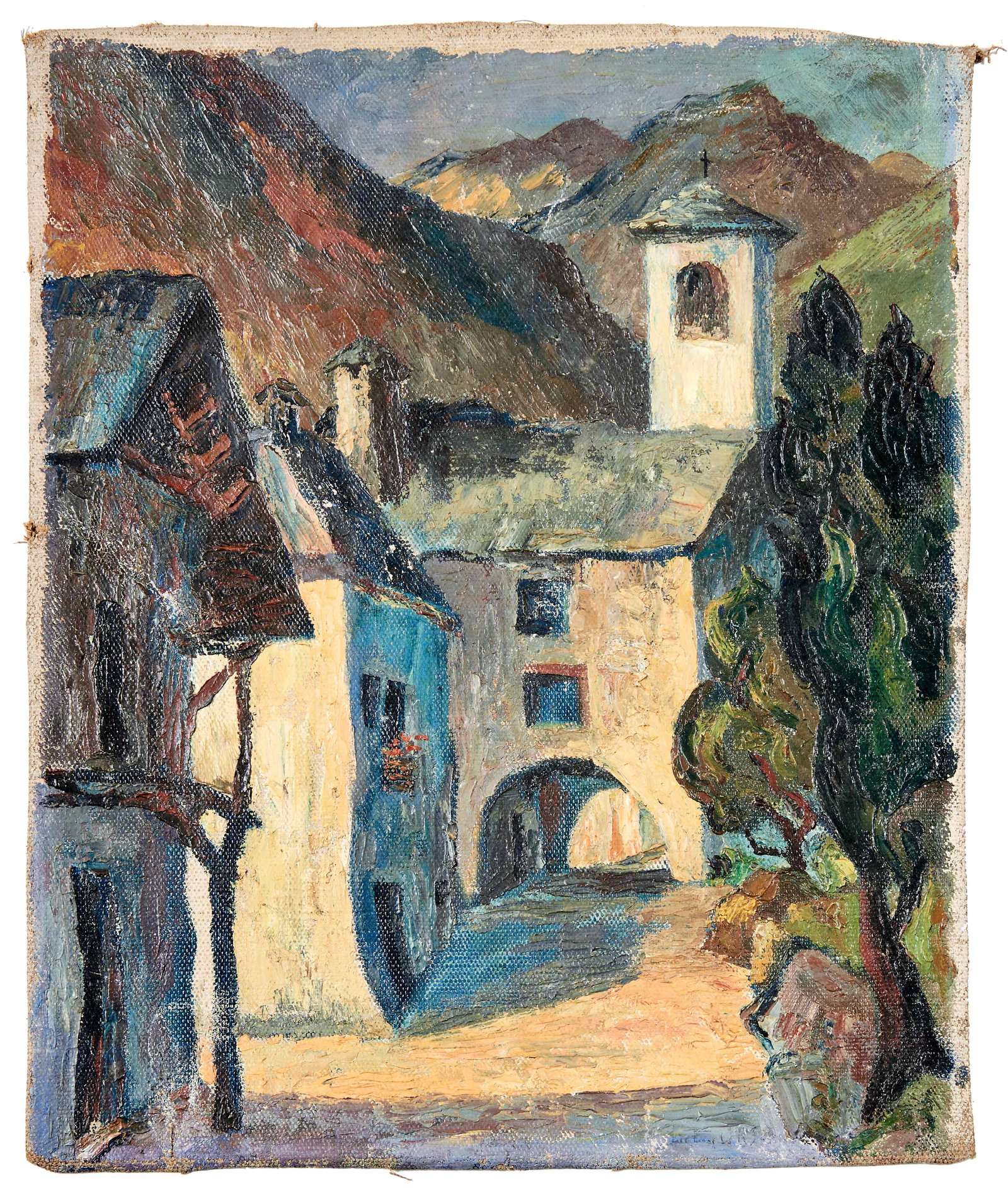 Blick auf ein Dorf in den Berge: View of a village in the mountains : Landscape Painter of the 20th century. Oil on canvas. Signed on verso. 50 x 41 cm; not stretched over a stretcher frame. // Blick auf ein Dorf in den Bergen : Land