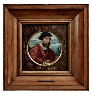 Qualitaetvolles Tondo mit dem Bildnis eines Mannes mit: Quality tondo with the Portrait of a Man with a Horn : Dutch Master, c. 1520/30 Bearded man with cap and red cape in front of a landscape background with city silhouette on the right side. D. 15,5