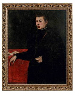 Tintoretto, Domenico (Attrib.): Bildnis eines jungen: Tintoretto, Domenico - attributed to: : Portrait of a young man at a desk with letters. (Venice 1560-1635 ibid.) Oil on canvas, relined. 111 x 86,5 cm. - Restored. // Tintoretto, Domenico