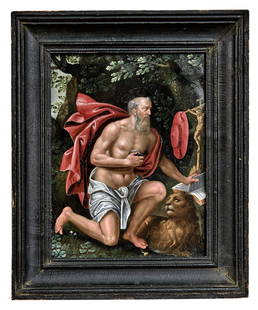 Der heilige Hieronymus als Buesser, Flandern od.: Saint Jerome as a Penitent : Flanders or Germany, around 1600 In a wooded landscape in front of the entrance to the grotto, the kneeling saint beats his chest with a stone, in front of him the