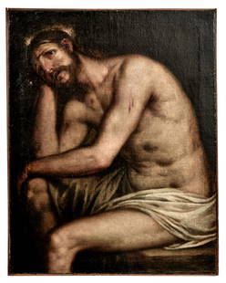 Tintoretto, Domenico: Christus in der Rast: Tintoretto, Domenico : Christ in Distress (Venice 1560-1635 ibid.) Jesus is sitting on a stone in anticipation of his crucifixion, clothed only in a linen cloth, and holding his head propped up in