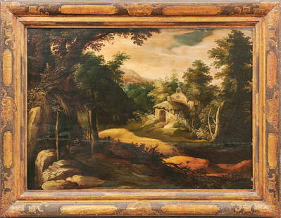 Valckenborch, Frederik van - Umkreis des:: Valckenborch, Frederik van - Circle of : Forest landscape with hermitage (Antwerp 1570-1623 Nuremberg) Oil on wood, panel cradled. 60 x 83.5 cm. - Signs of age, visible glue joint. // Valckenborch,