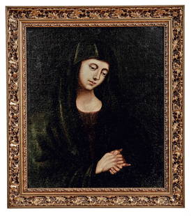 Maria in Andacht, Italienischer Meister des 17.: Mary in devotion : Lombard master of the 17th century Half-length portrait of the Virgin Mary with maphorion and hands folded in prayer. Oil on canvas, relined. 70 x 60 cm. - Restored. // Maria in