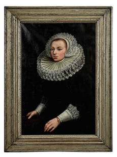 Mierevelt, Michiel van - Nachfolger: Bildnis einer Dame: Mierevelt, Michiel van - Successor : Portrait of a Lady with Millstone Collar, Lace Bonnet and Book Oil on canvas. 97 x 64 cm. // Mierevelt, Michiel van - Nachfolger Bildnis einer Dame mit