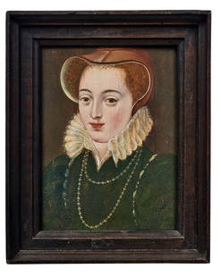 Bildnis der Maria Stuart, Koenigin von Schottland,: Portrait of Mary Stuart, Queen of Scotland : Portrait Painter of the 16th/17th century Oil on oak panel. 27 x 20 cm. // Bildnis der Maria Stuart, Koenigin von Schottland Portraitmaler des 16./17.