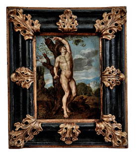 Martyrium des heiligen Sebastian, Bologneser Meister: Martyrdom of St. Sebastian : Bolognese master of the early 17th century. The martyr tied to a tree and pierced by arrows in a hilly landscape, city silhouette in the background on the right. Oil on