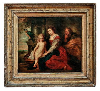 Rubens, Peter Paul - Kopie nach: Die heilige Familie: Rubens, Peter Paul - Copy after : The Holy Family with the Parrot Oil on canvas, relined. 28 x 31 cm. - The original with the dimensions 163 x 192 cm from around 1614 is in the Koninklijk Museum