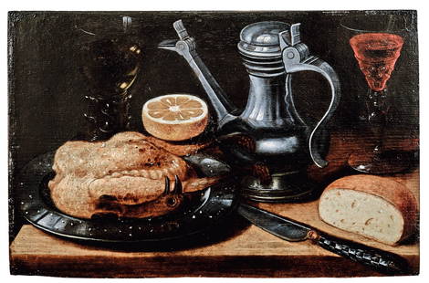 Stillleben mit Brathuhn: Haarlemer Meister des 17.: Still Life with Roast Chicken : Haarlem Master of the 17th Century Simple wooden table set with wine glasses, flagon, bread and knife as well as lemon with the chicken. Oil/wood. 31 x 47,8 cm; not