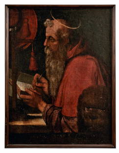 Der heilige Hieronymus beim Schreiben, Um 1600: Saint Jerome Writing. : Around 1600. In a cardinal's robe and with the lion as attribute, indistinct inscription at the lower margin. Oil on canvas, relined at the edges. 91 x 69.5 cm. // Der