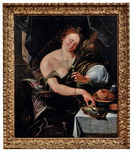 Allegorie des Geschmacks, A. 17. Jh., nach Vorbild von: Allegory of Taste. : Beginning of the 17th century, inspired by Abraham Janssens Lady sitting in a palace interior with drapery at a laid table with a wine glass in her hand and a monkey on her