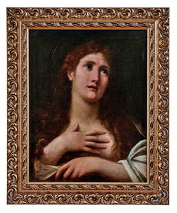 Die heilige Maria Magdalena als Buesserin, Neapel, 1.: St. Mary Magdalene as a Penitent. : Italy, Naples, 1st half of 17th century. Oil on canvas, relined. 65 x 51,5 cm. - Restored. // Die heilige Maria Magdalena als Buesserin Neapel, 1. H. 17. Jh.