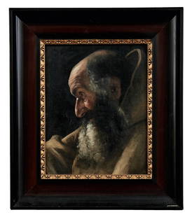 Bildnis eines Moenchs, Italienische Schule des 17.: Portrait of a Monk : Italian school of the 17th c. Oil/canvas, mounted on hardboard. 37,5 x 30 cm. // Bildnis eines Moenchs Italienische Schule des 17. Jahrhunderts Oel/Lwd., auf Hartfaserplatte