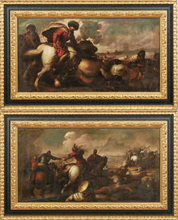 Zwei Bataillenszenen, Neapolitanischer Meister des 17.: Two Battle Scenes : Neapolitan Master of the 17th century Oil on canvas, relined. 49.5 x 95 cm. - The multi-figured, lively equestrian battles with the broad brushwork allow an attribution to