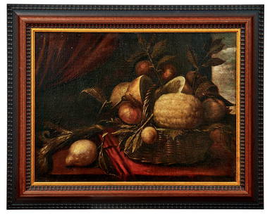 Stillleben mit Zitrusfruechten, Italien, 17. Jh.: Still Life with Citrus Fruits : Italy, 17th century. Basket of fruit on a table in front of Draperie, on the right side a view of the sky. Oil on canvas. 45.5 x 60.5 cm. // Stillleben mit